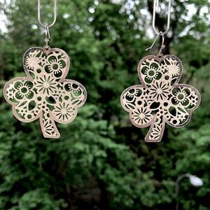 Large Clover Dangle Earrings, silver color